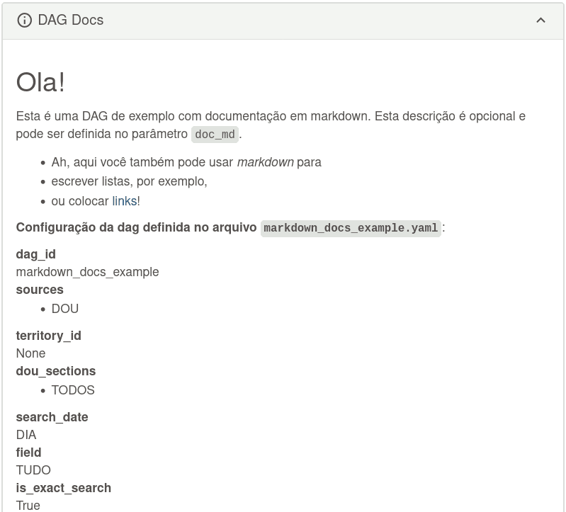 Botão "DAG Docs". Captura de tela da documentação de DAG no Airflow.