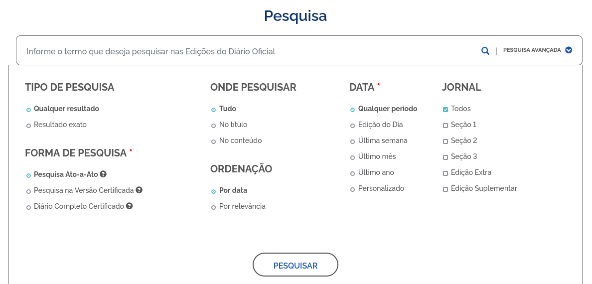 Captura de tela do painel de pesquisa avançada no site do DOU.