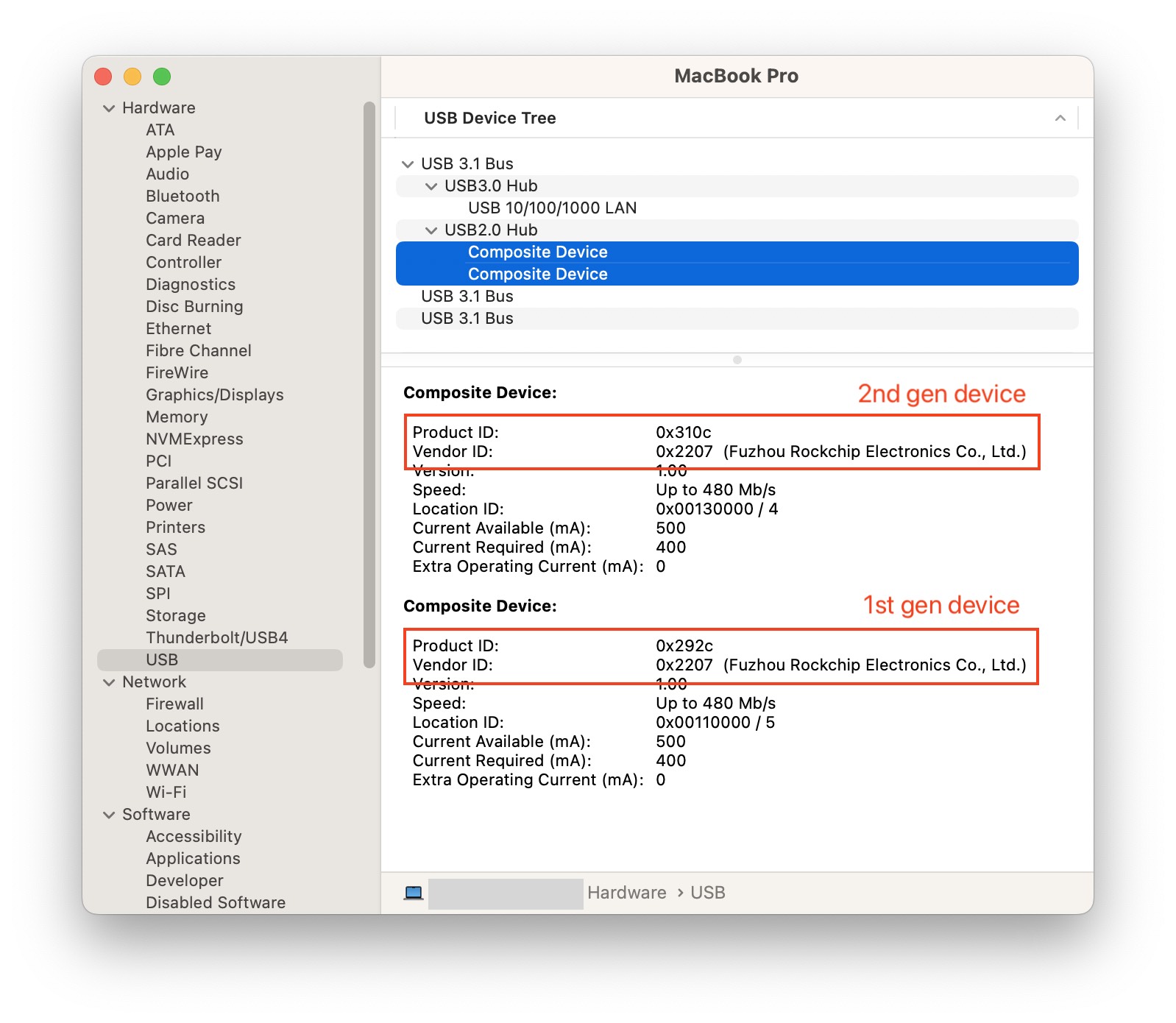 Screenshot of macOS System Report displaying properties of connected 1st generation and 2nd generation Storytel Reader devices in maskrom mode