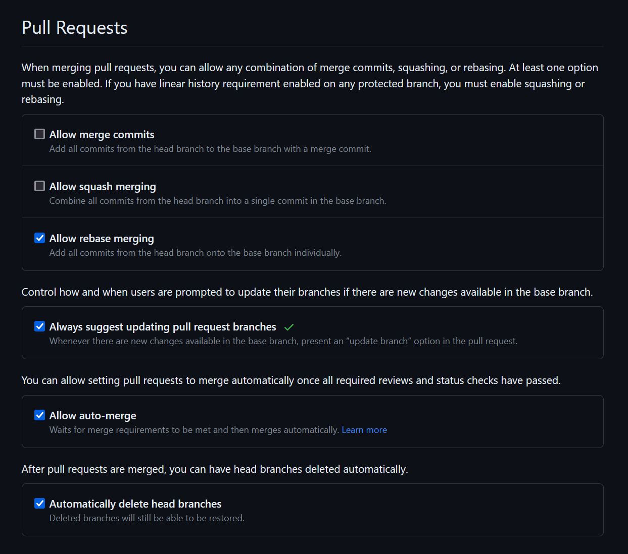 Pull requests settings