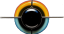 a logo of rotatable black knob with orange and blue edges around its circumferance