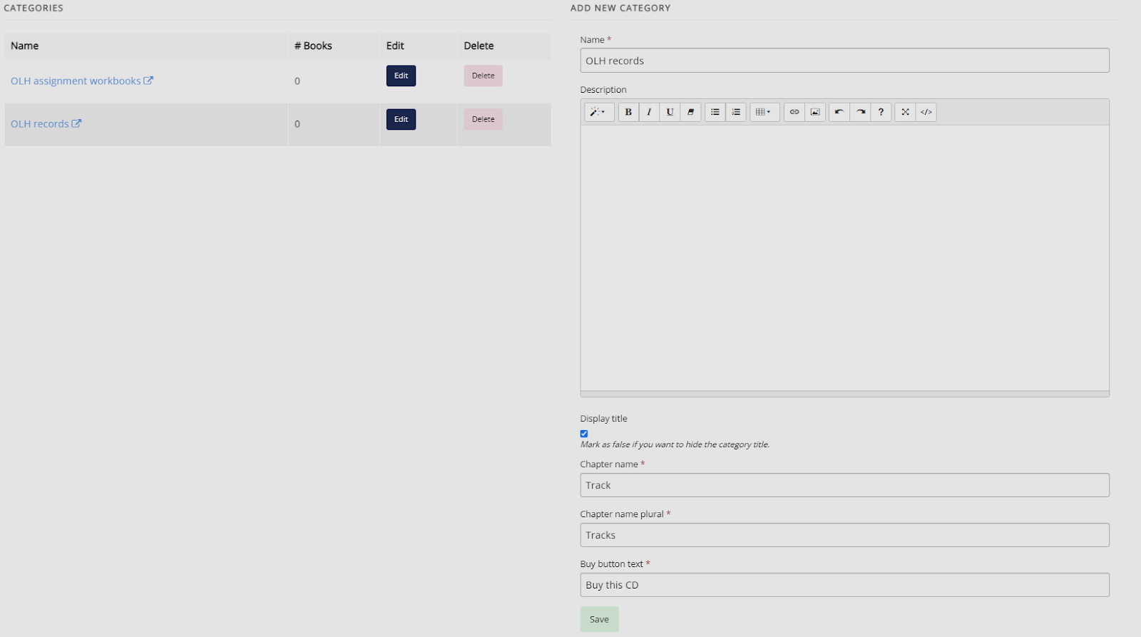 The categories dashboard, listing the existing categories on the left. For the existing categories, the number of books in the category are displayed, as well as buttons to edit and delete. On the right, the form to add a new category is visible with multiple textboxes.