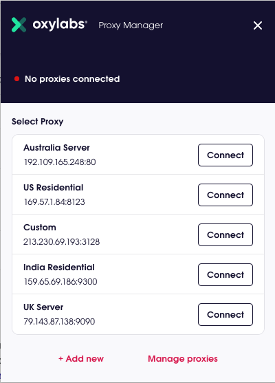 proxy manager menu