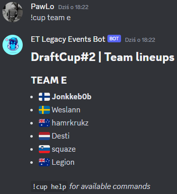 !cup team e command example