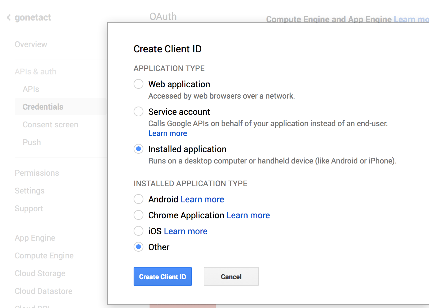 Create a client for an installed applicatin