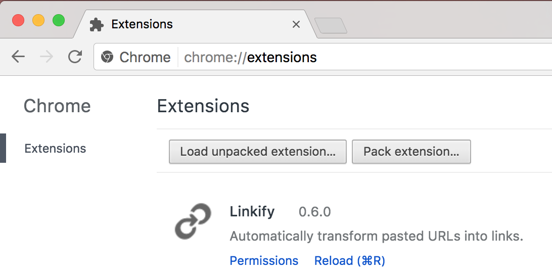 Linkify running as an unpacked extension, with the Load unpacked extension... button displayed