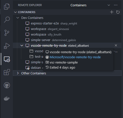 Containers view in Remote Explorer