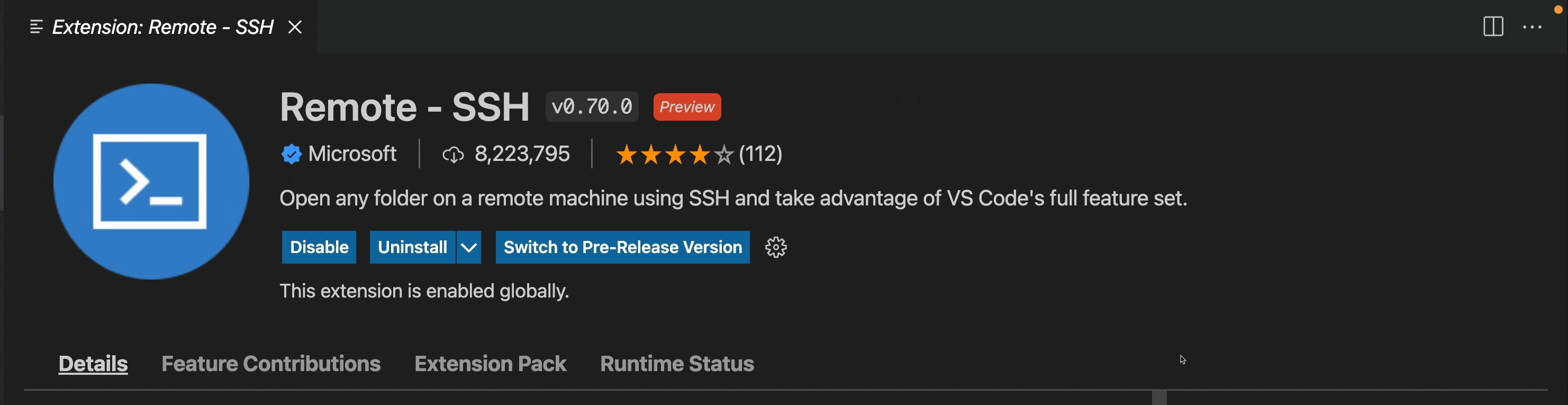 GIF showing how you can switch between pre-release and release version of Remote SSH on the Marketplace page in VS Code