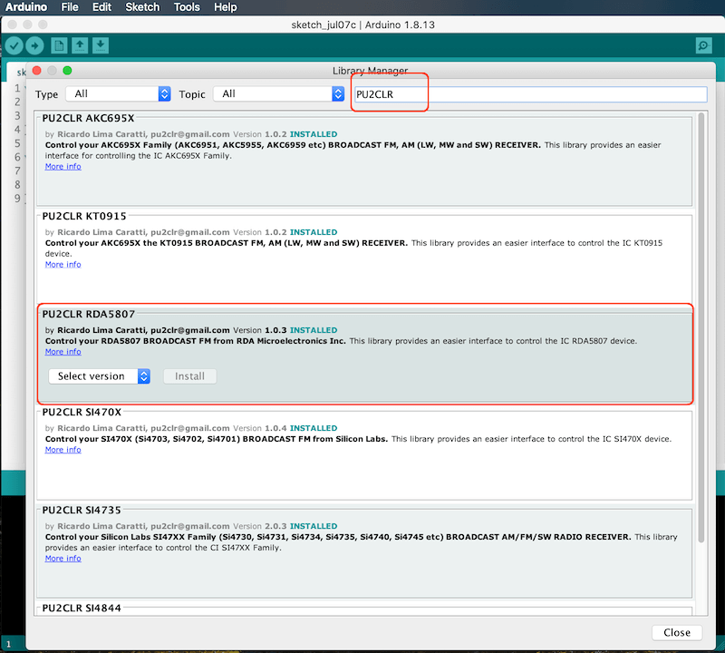 Arduino IDE - Looking for the library RDA5807