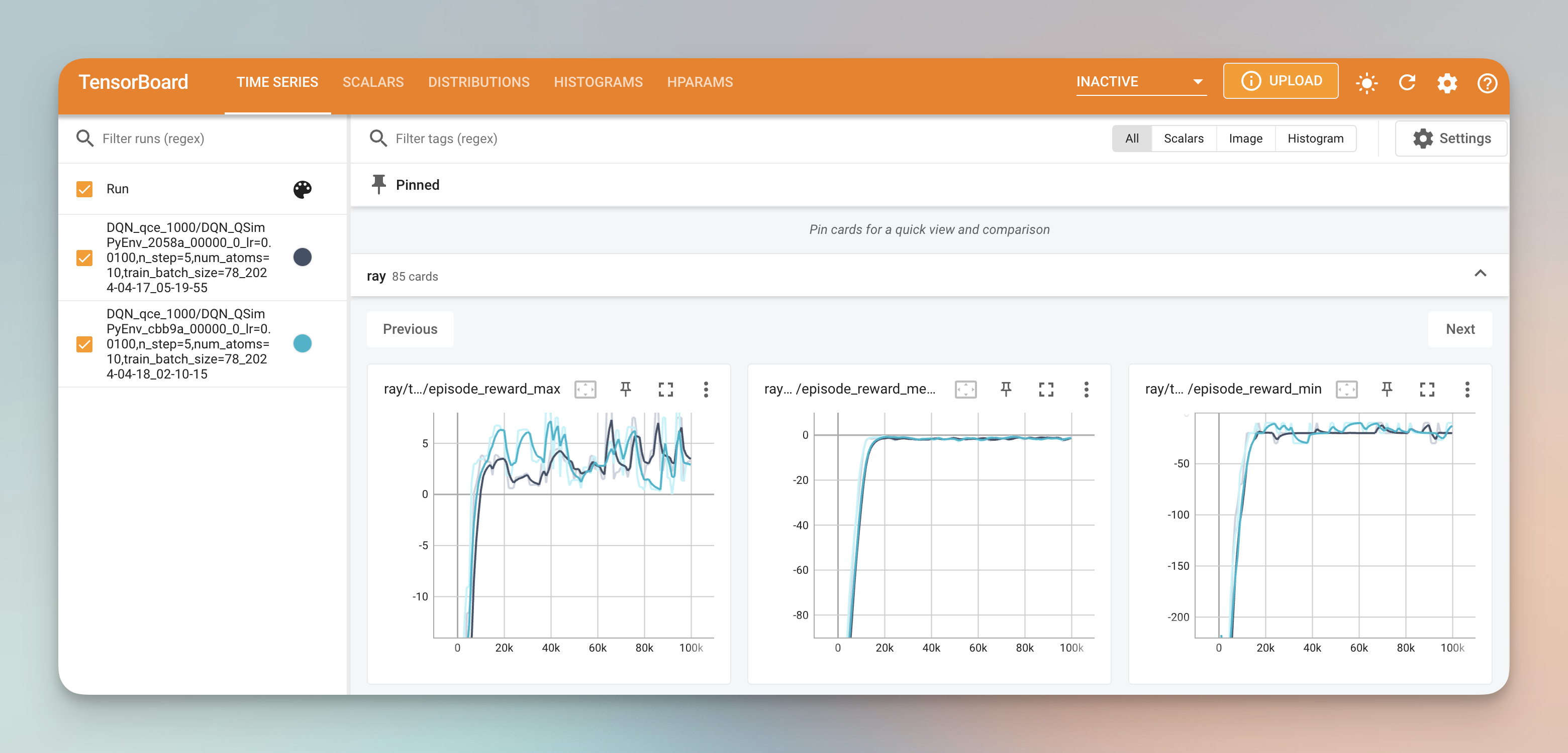 Sample experiment results on Tensorboard