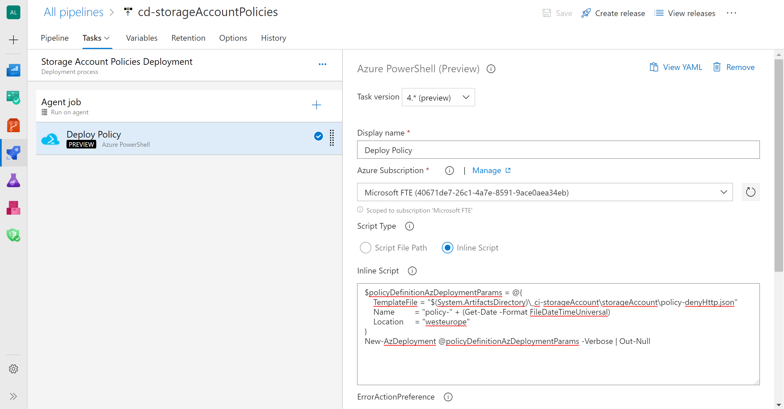 Azure PowerShell Task Configuration