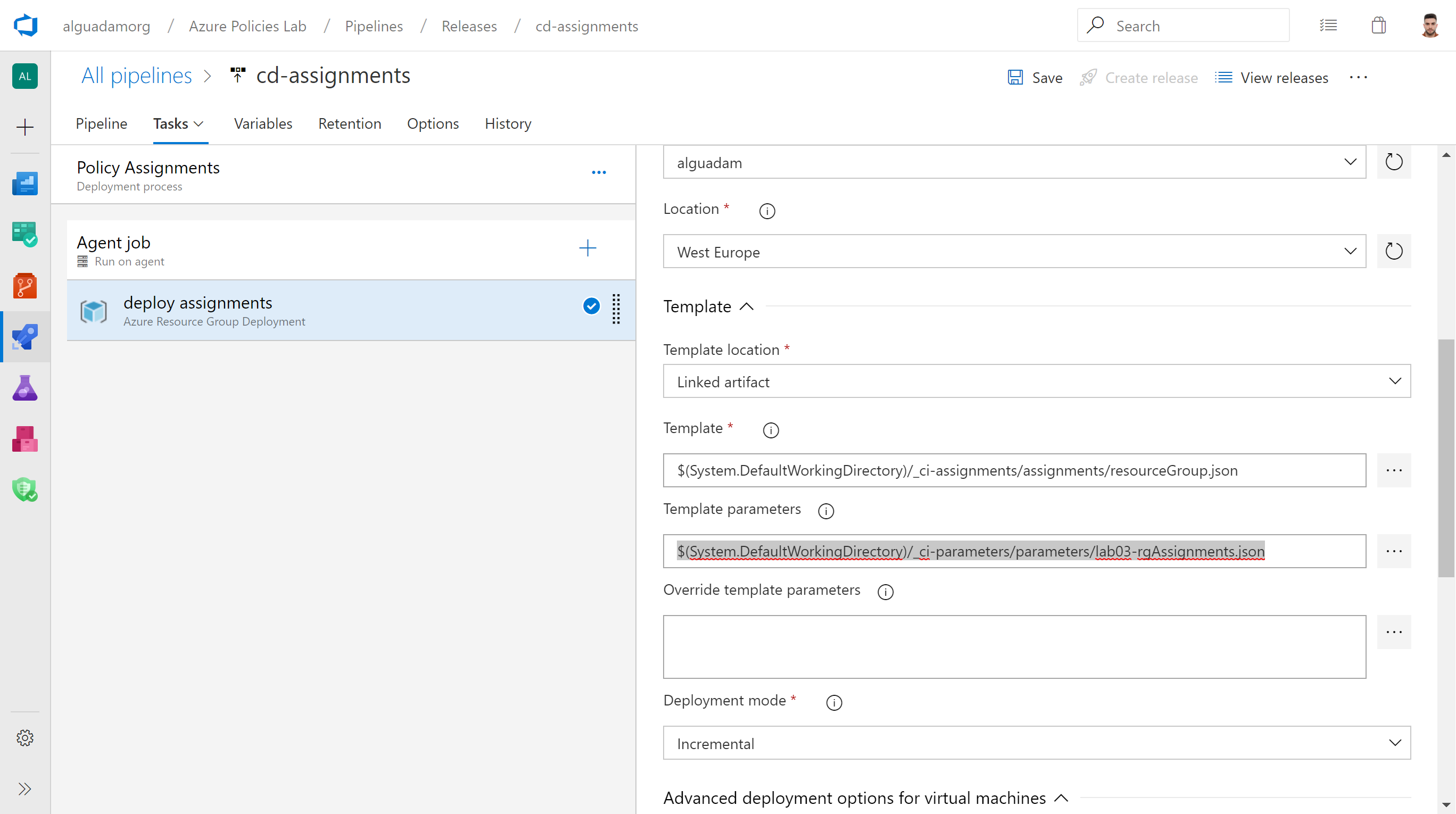 Edit Pipeline and change parameters file