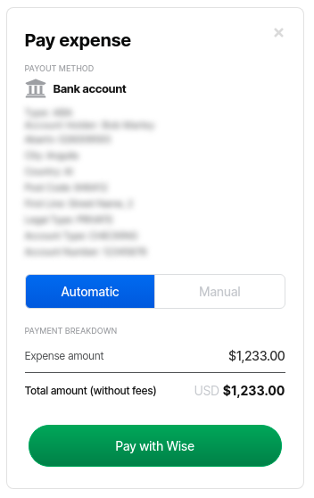 Pay expense modal set to pay the expense automatically.