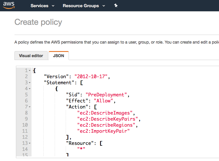 Creating a new permissions policy in the AWS console.