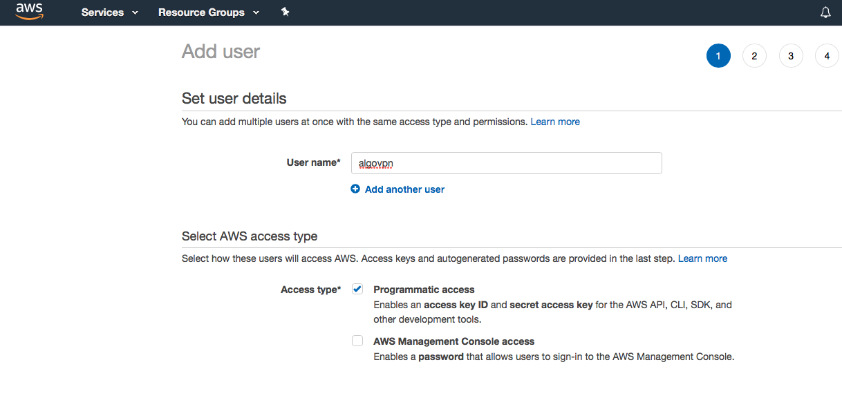 The IAM user naming screen in the AWS console.