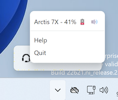 Screen shot showing the app, with battery percentage, help and quit actions on Windows