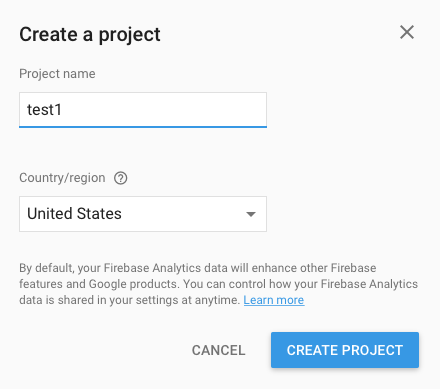 Create new project screen