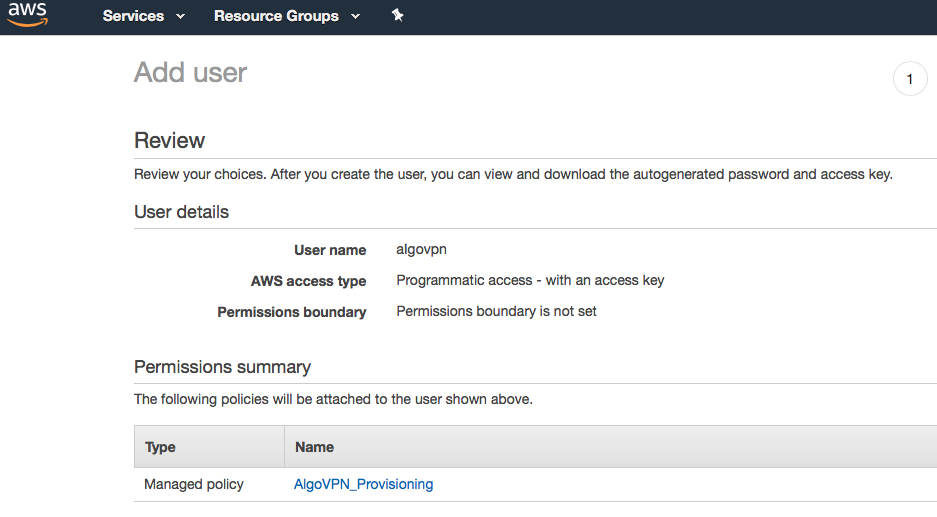 New user creation confirmation screen in the AWS console.