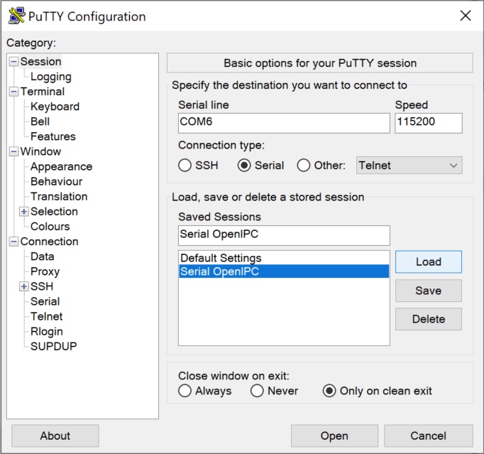 Putty serial connection