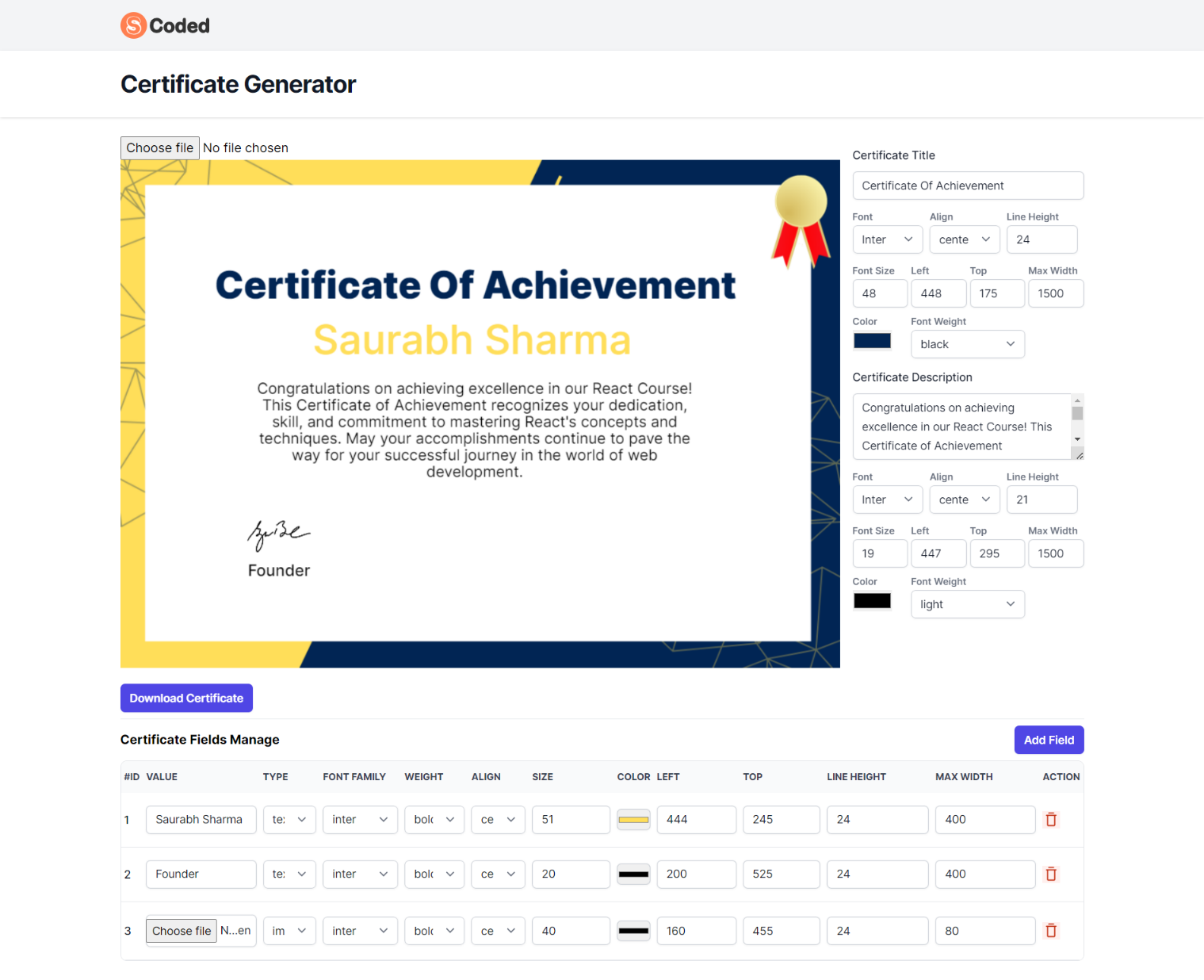 Certificate Download Interface