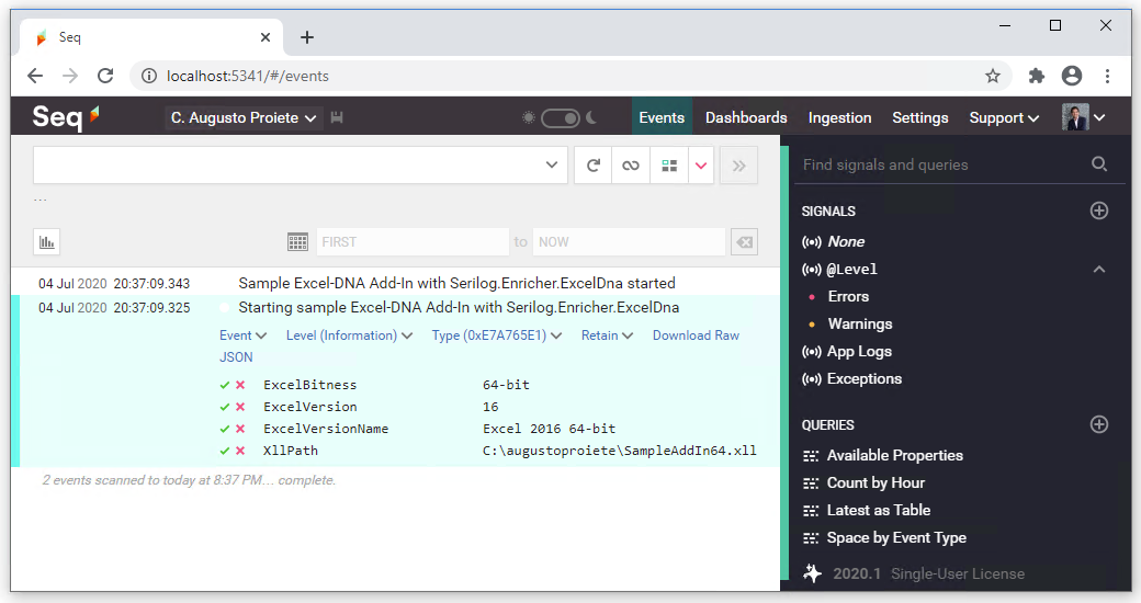 Seq showing properties from Serilog.Enrichers.ExcelDna