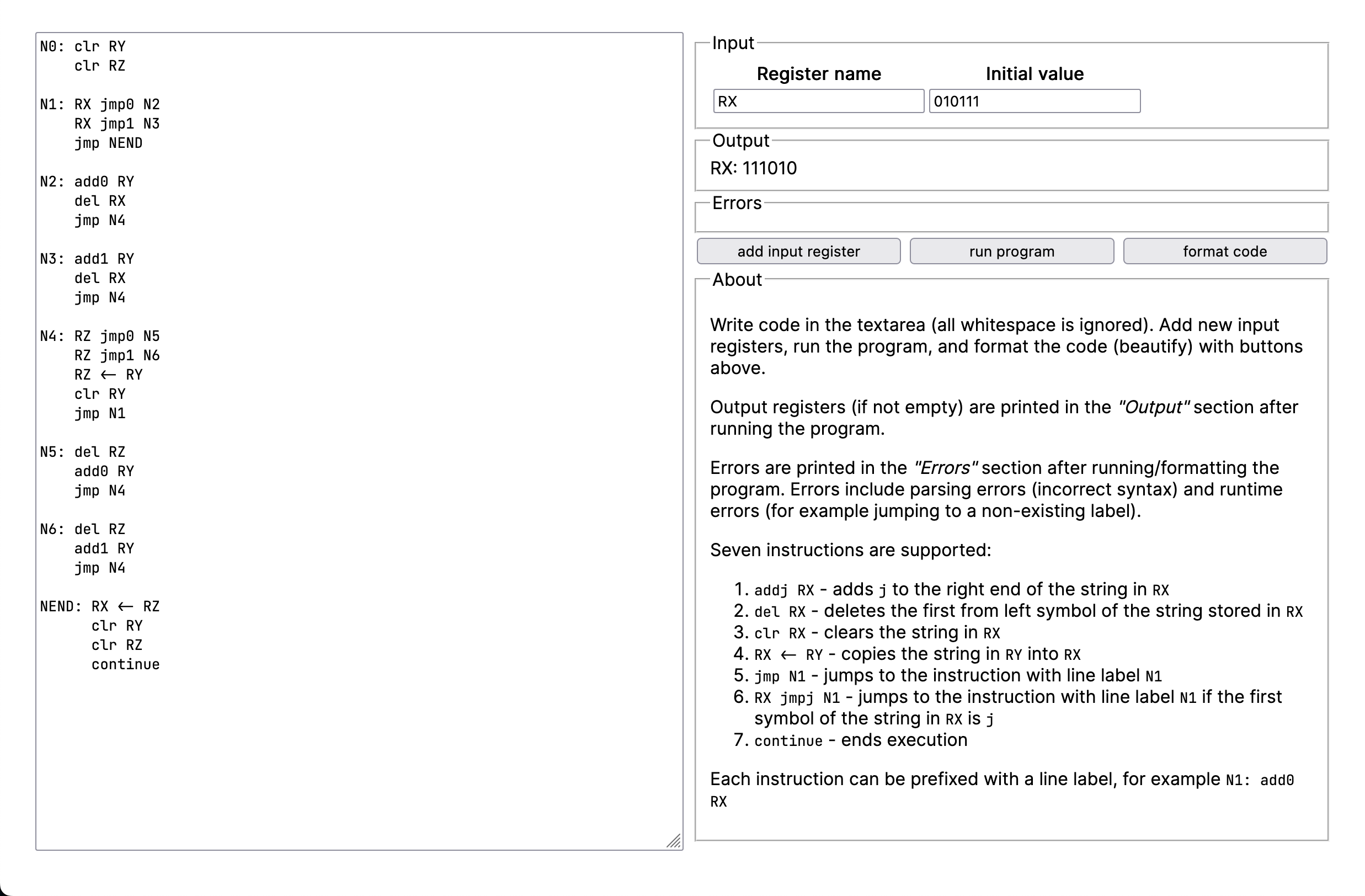 A RAM program reversing the string in register RX