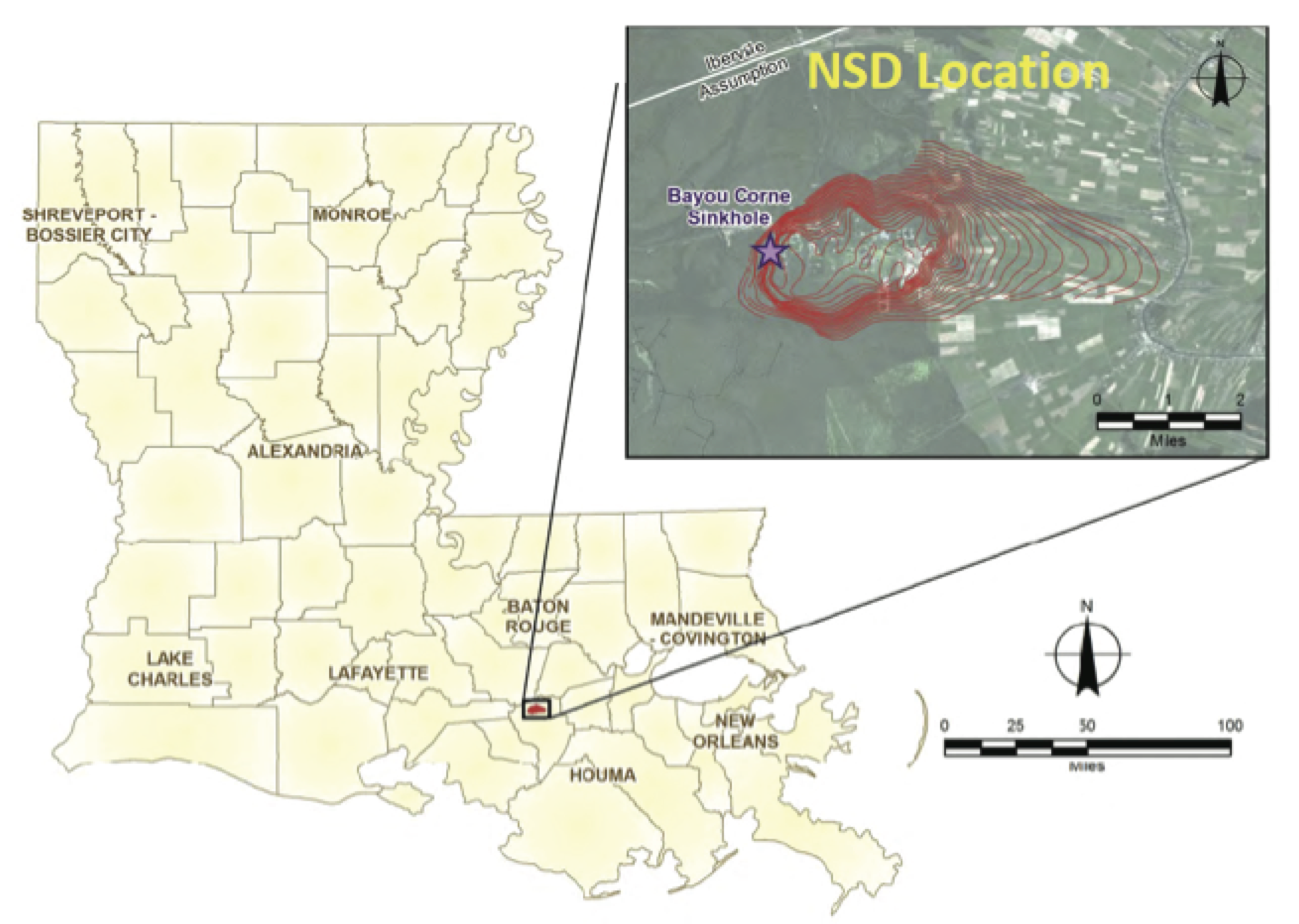 Location of Napoleonville salt Dome in Louisiana, USA.Countours show the top of the salt dome in feet below sea level