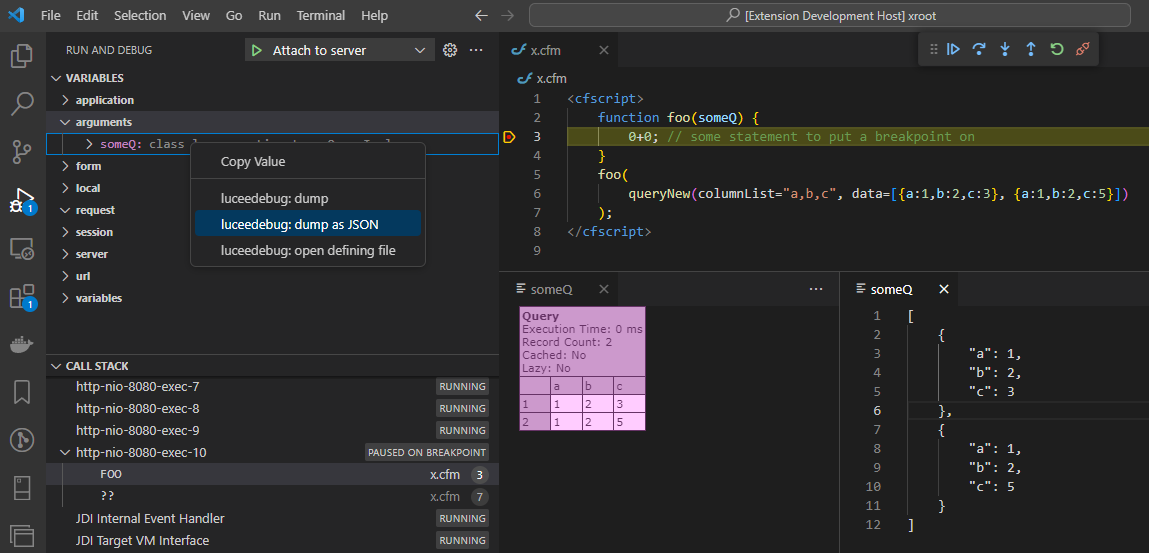 misc. features of a debug session indicating that luceedebug is a step debugger for Lucee.