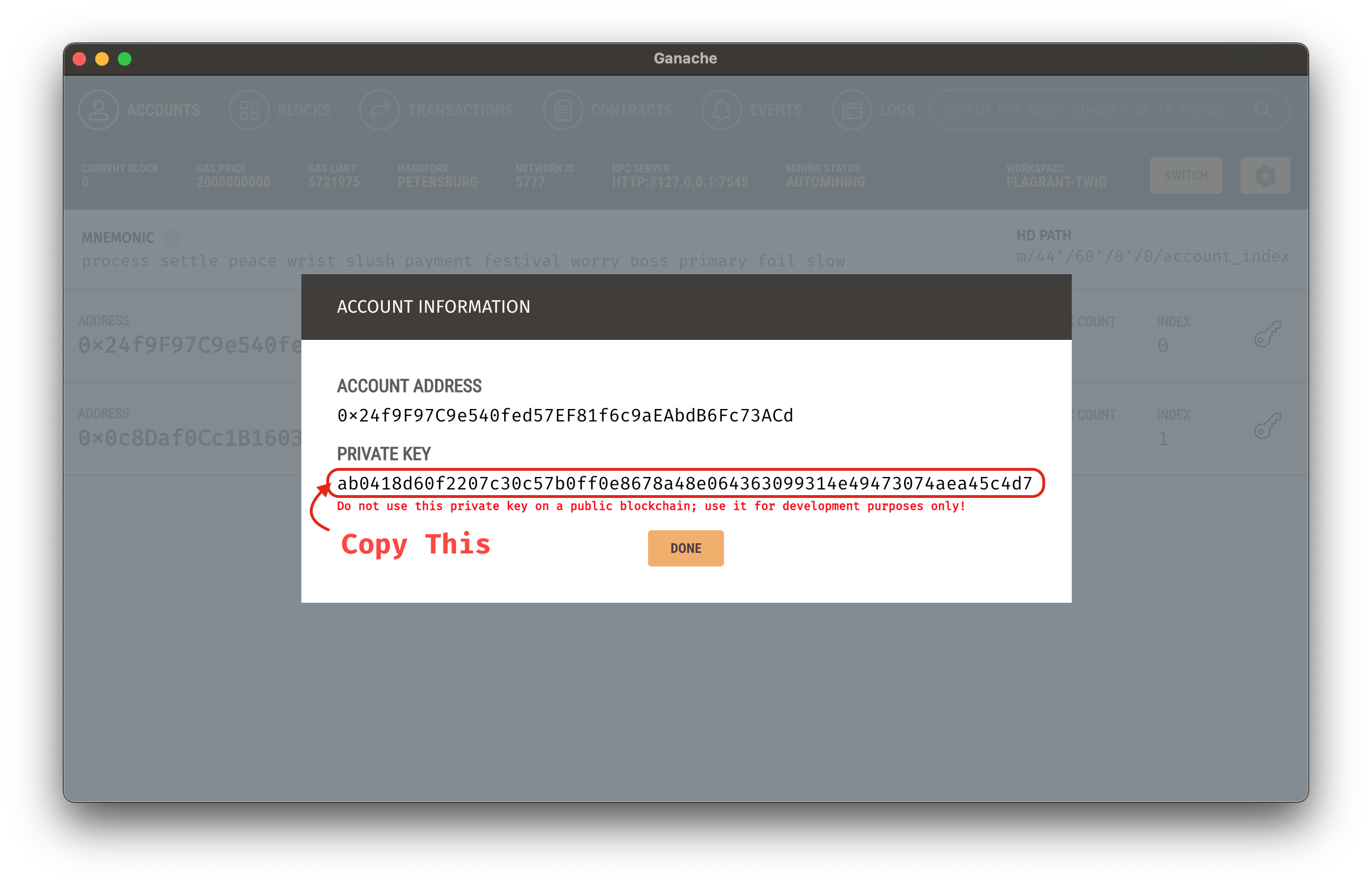 screenshot showing where to find a private key in Ganache