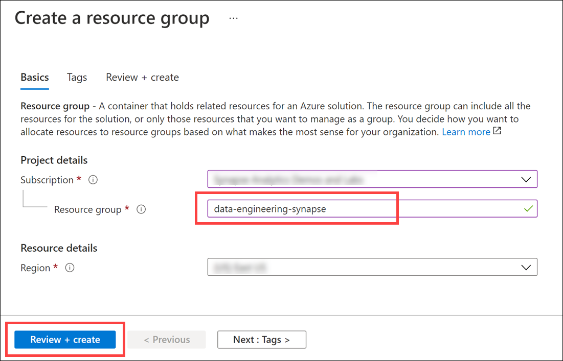 The Create a resource group form is displayed populated with Synapse-MCW as the resource group name.