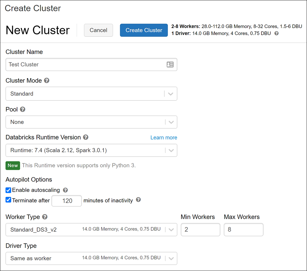 The create cluster page