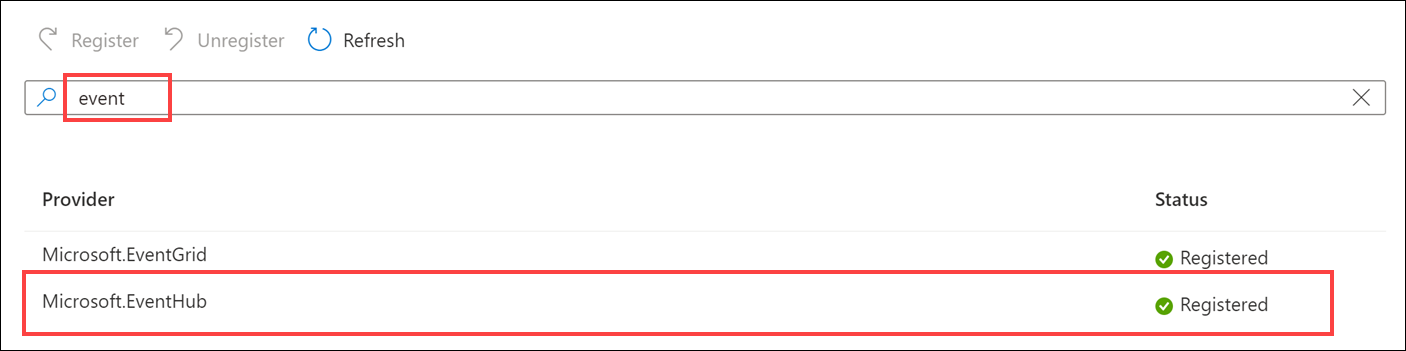 The resource provider status is Registered.