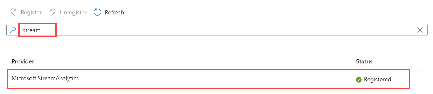 The resource provider status is Registered.