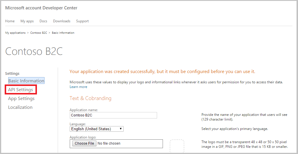 Microsoft account - API Settings