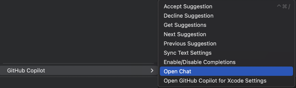 Screenshot of Xcode Editor GitHub Copilot menu item