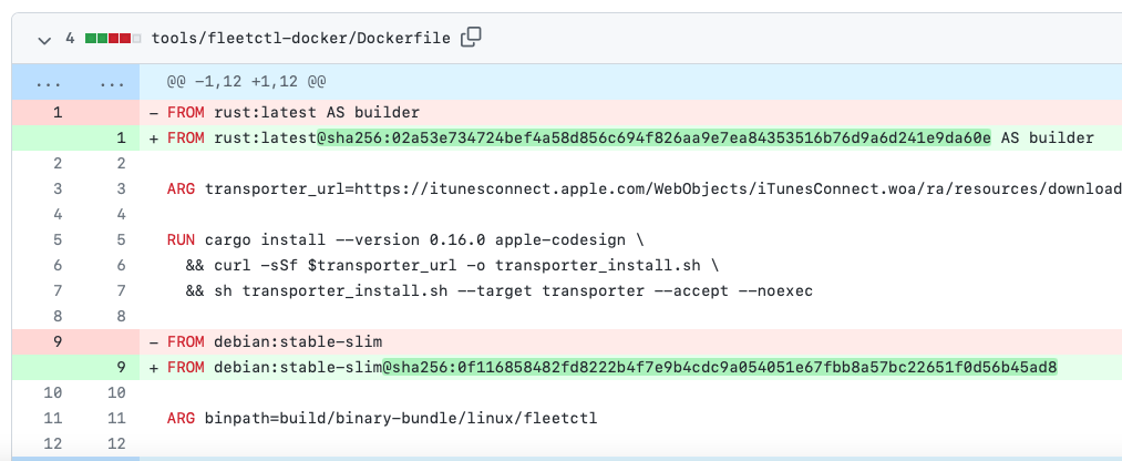 Screenshot of docker image pinned to checksum