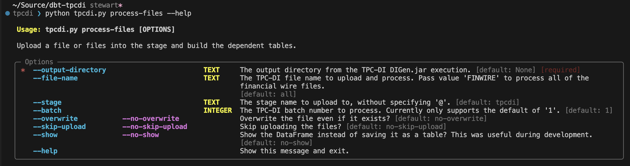 Output from tpcdi.py process-files --help