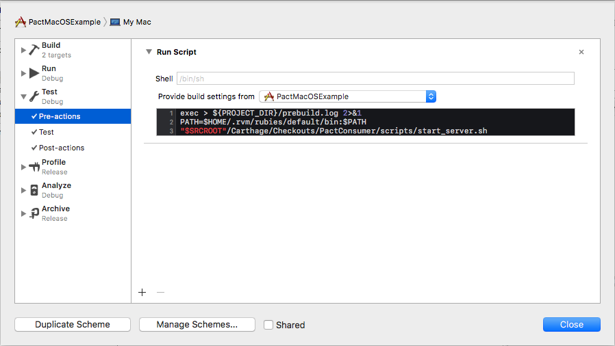 Xcode Scheme Test Pre-actions