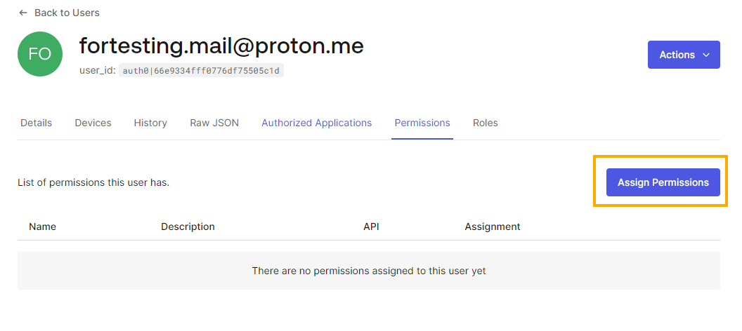 auth0 User Permissions - Assign