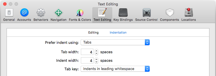 Xcode indent settings