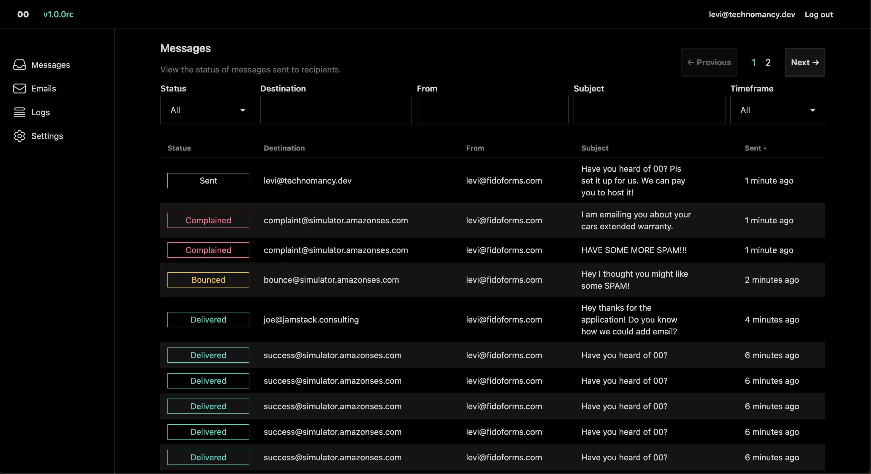 Dashboard displaying emails