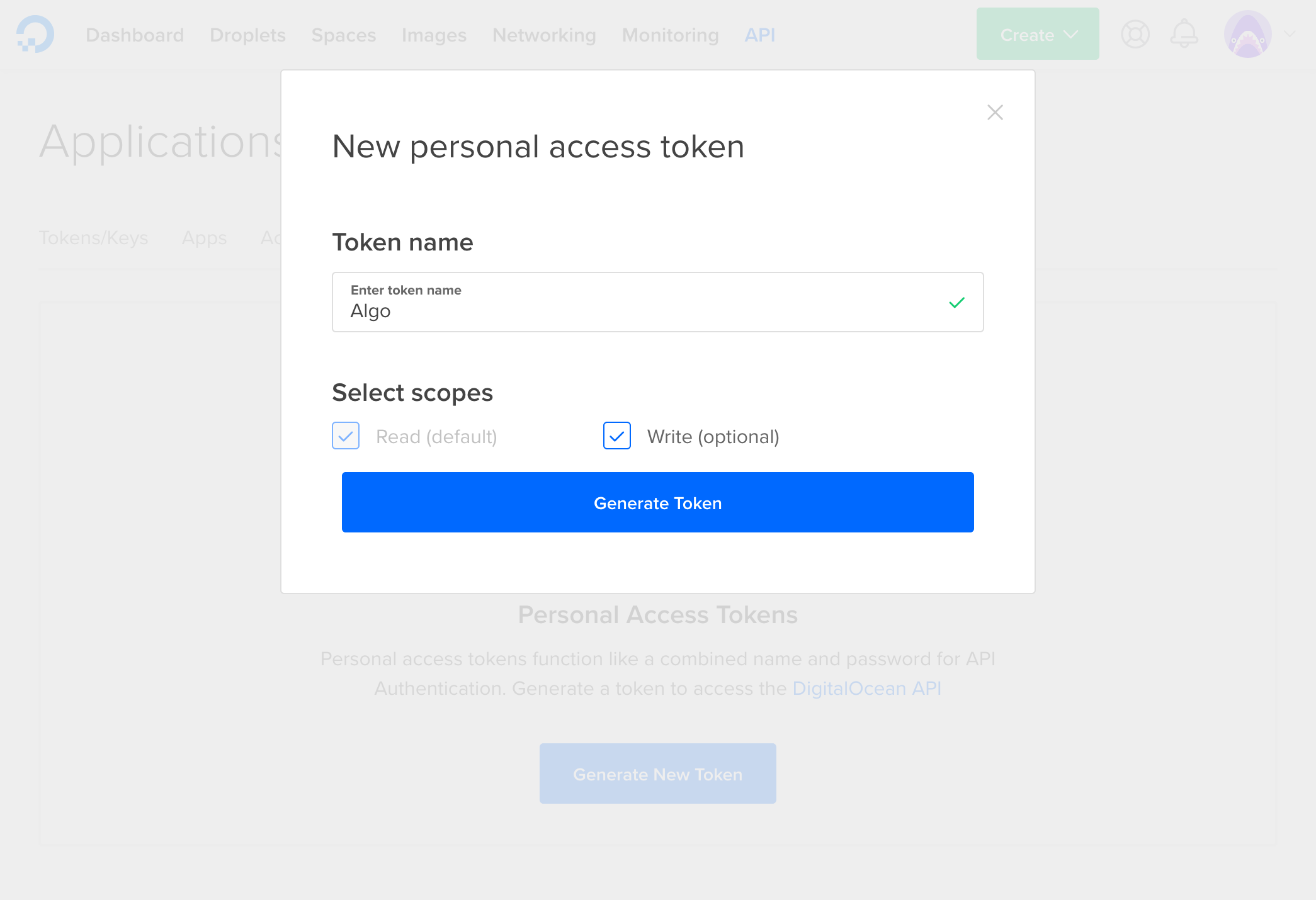 The new token dialog, showing a form requesting a name and confirmation on the scope for the new token.