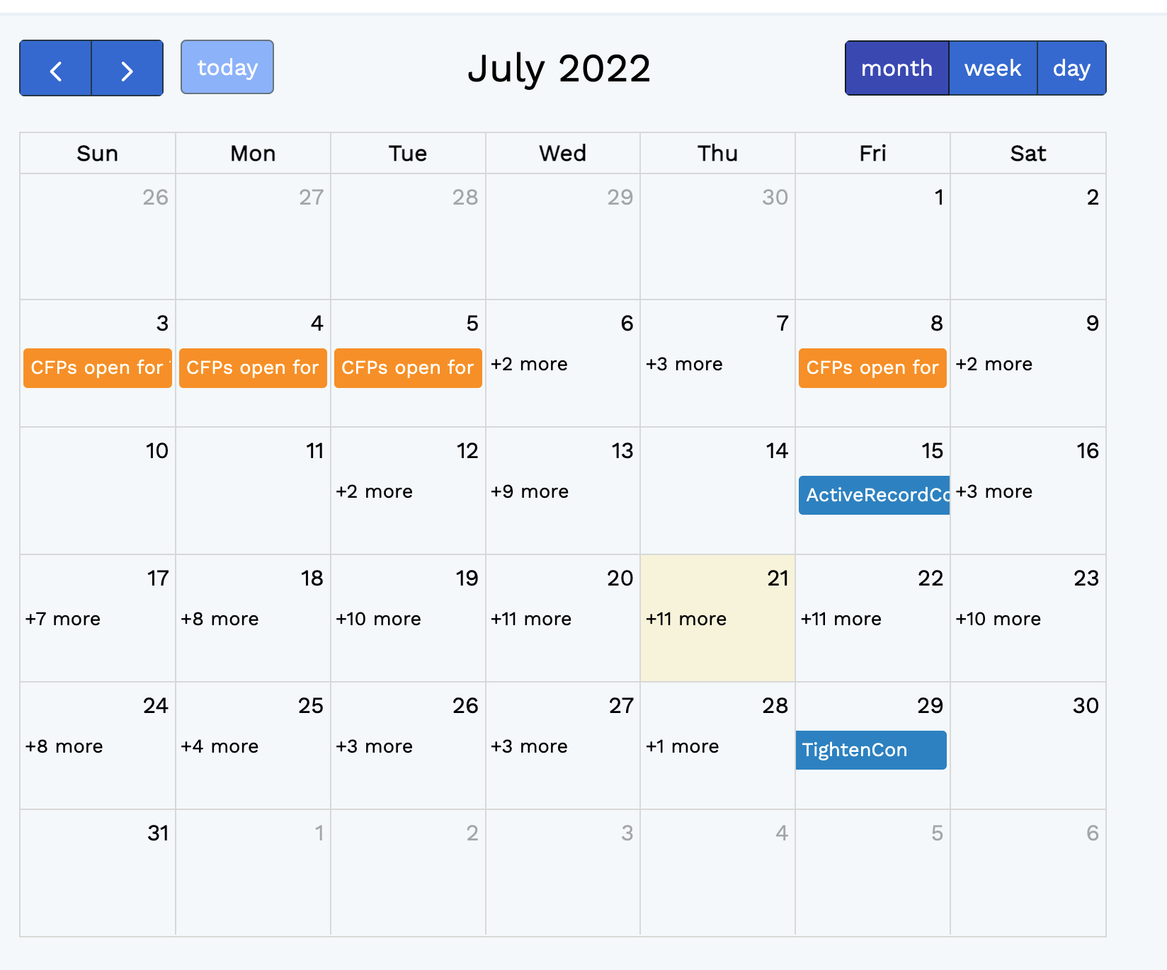 screenshot of calendar page