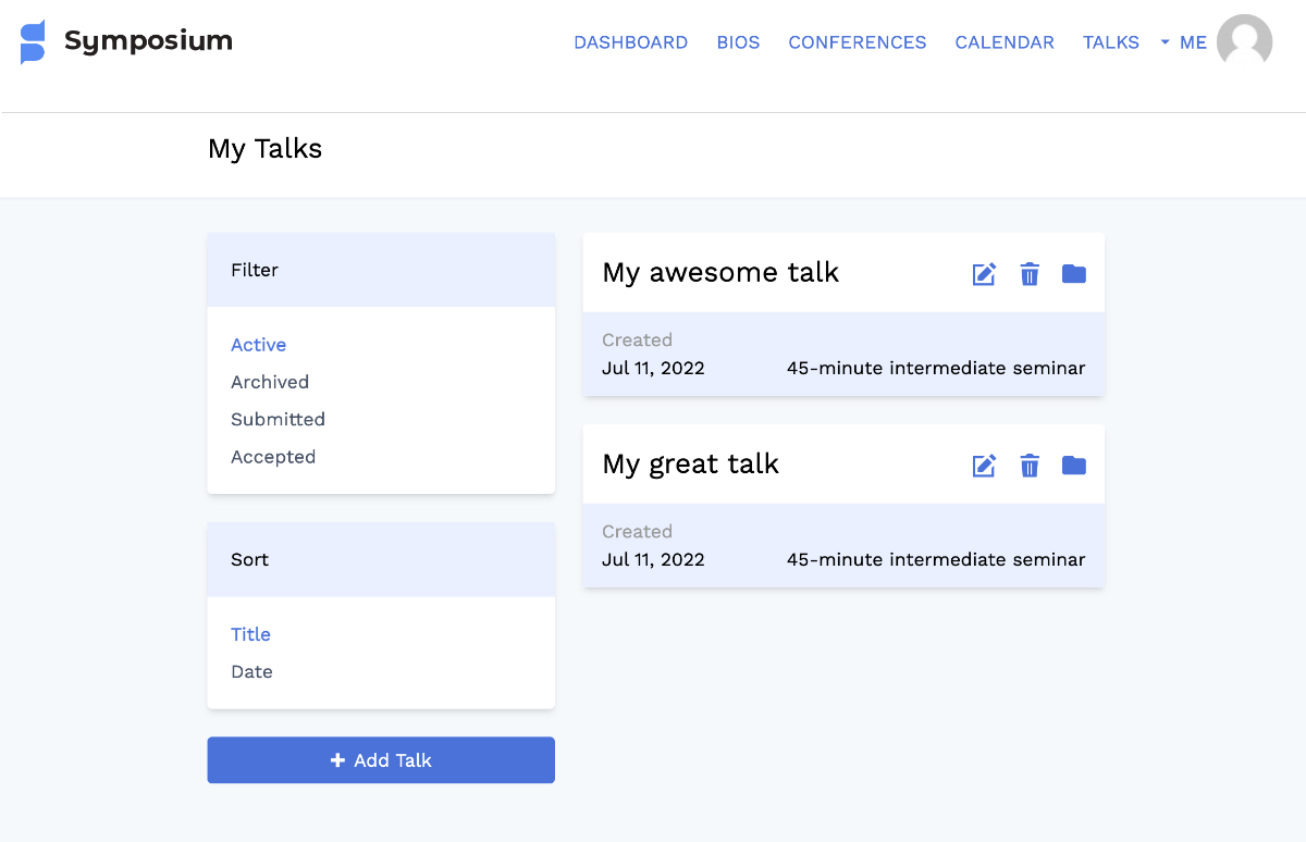 screenshot of talks page