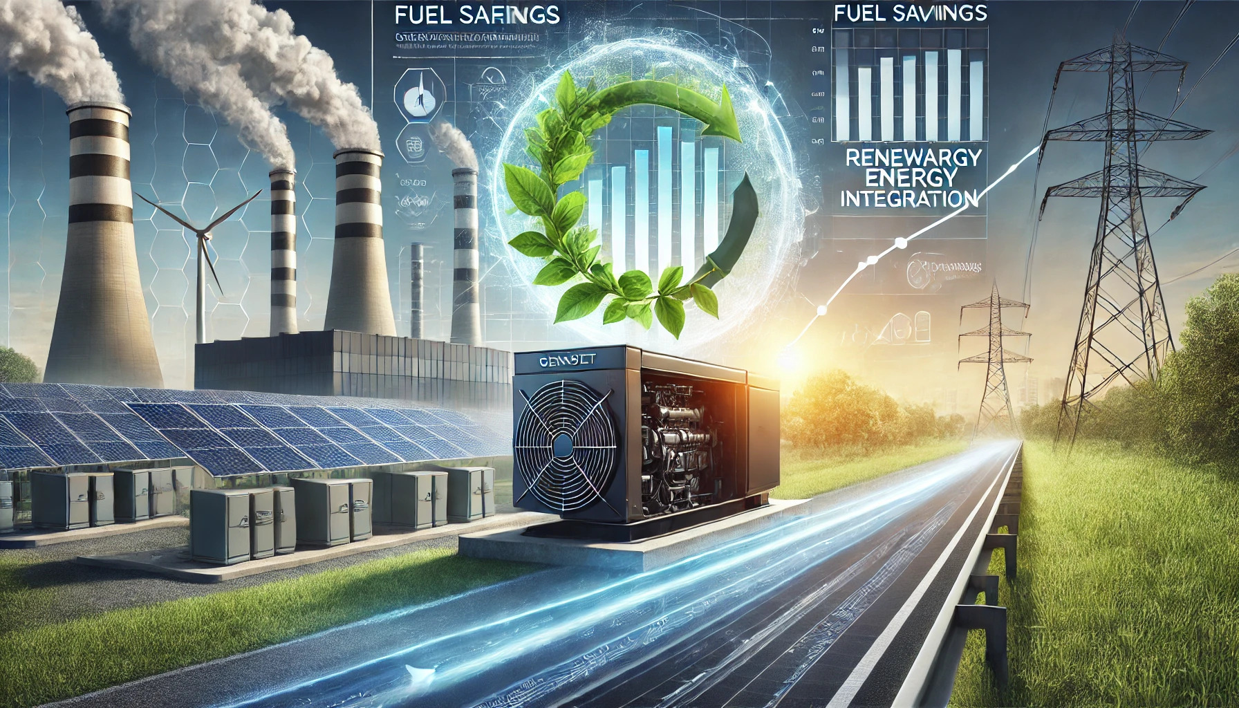 A visually appealing header image representing fuel savings and renewable energy integration. The image should feature a clean energy concept with solar panels, a genset (generator) emitting minimal exhaust, and a graph overlay showing energy savings. The background includes a blue sky and greenery, symbolizing sustainability. Incorporate a professional design suitable for technical documentation, with a focus on clarity and innovation.