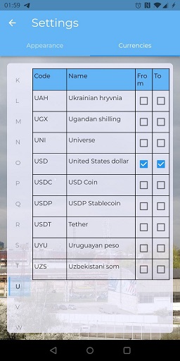 Settings screen - Currency