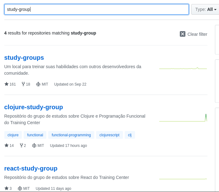 Imagem de uma busca por grupos de estudos no GitHub