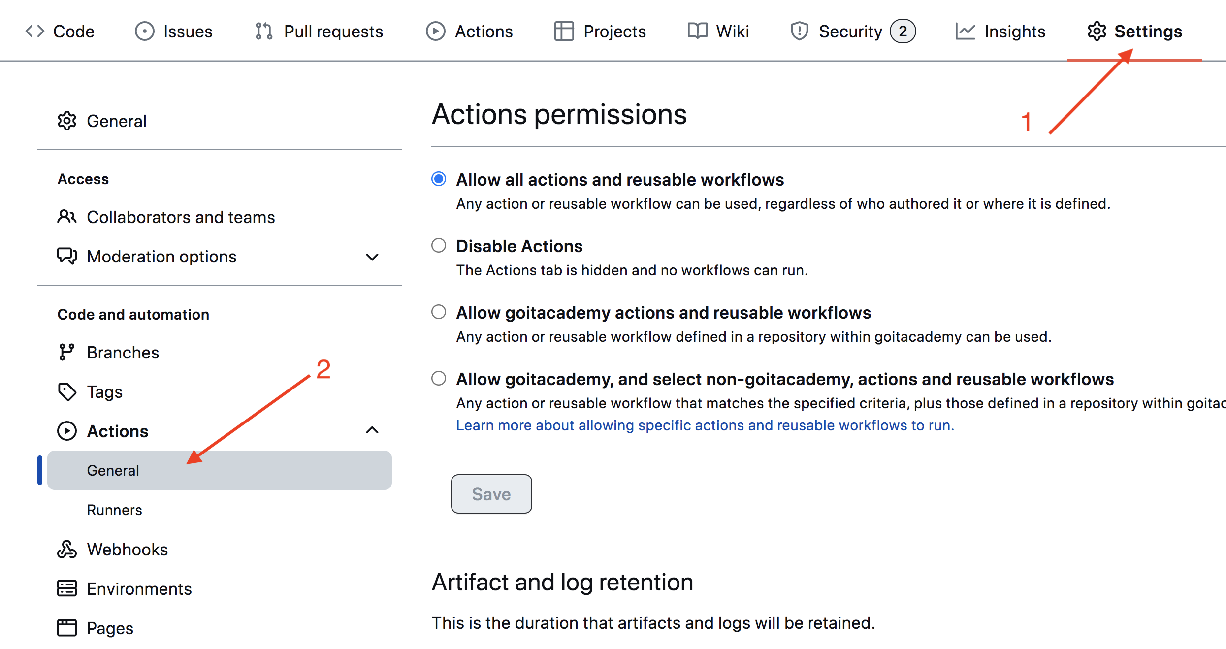 GitHub actions settings