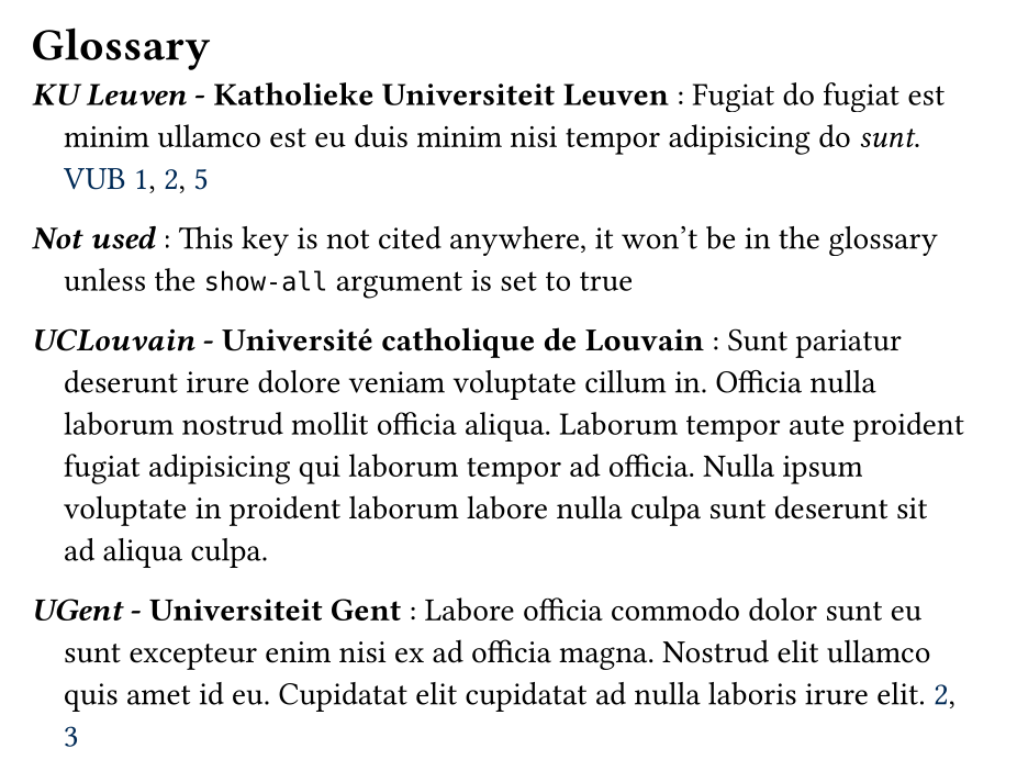 Screenshot of a glossary output using glossarium in Typst. A heading with text "Glossary" is displayed, and below four gloss are printed. Each gloss has its short and long form in bold separated by a dash. The description follows after a colon character. A list of the backreferences is given at the end.