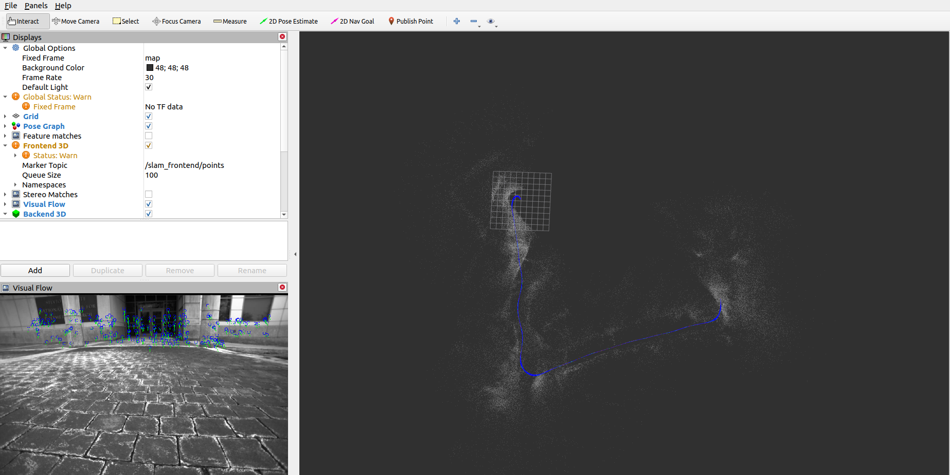 The slam frontend in RViz with the pointcloud generated and the image currently seen.